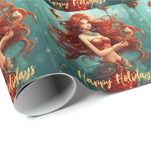 美しいマーメイドハッピーホリデーズクリスマス ラッピングペーパー (ロールコーナー)