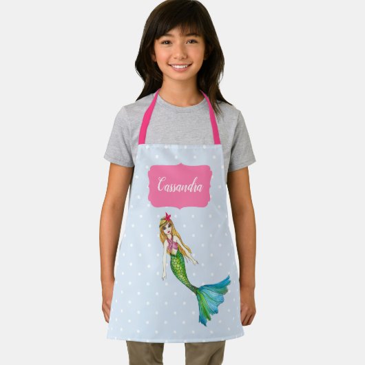 美しいマーメイドライトブルーホワイト水玉模様 エプロン (インサイチュ)