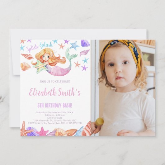 美しいマーメイド誕生日招待状と写真 招待状 (正面)