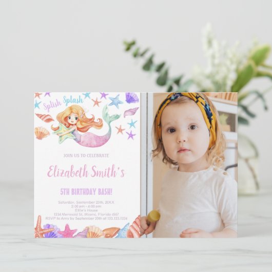美しいマーメイド誕生日招待状と写真 招待状 (スタンド正面)