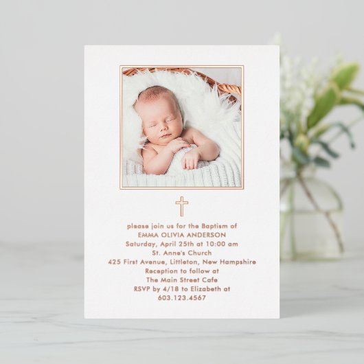 美しいミニマリズム写真バプテスマ | ローズゴールド 箔招待状 (立ち正面)