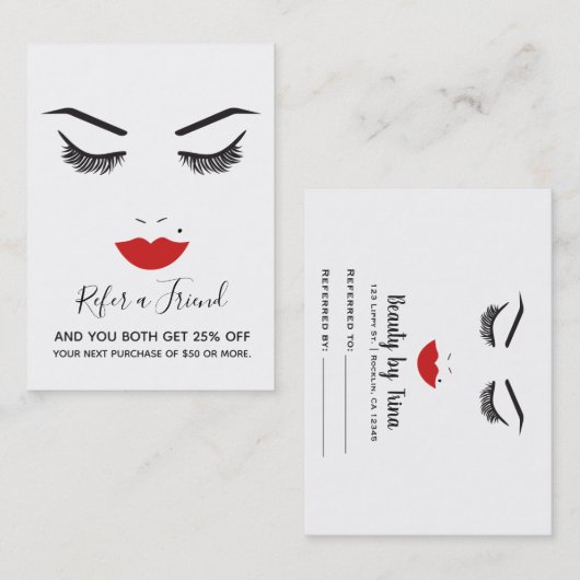 美しいメイクアップ顔まばたき赤い唇の紹介サロン 名刺 (正面/裏面)