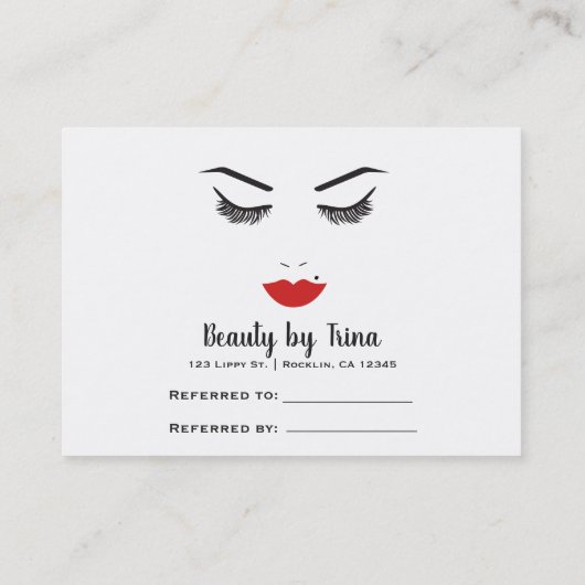 美しいメイクアップ顔まばたき赤い唇の紹介サロン 名刺 (裏面)
