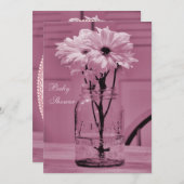 美しいメイソンジャーとデイジー ピンクのベビーシャワー 招待状 (正面/裏面)