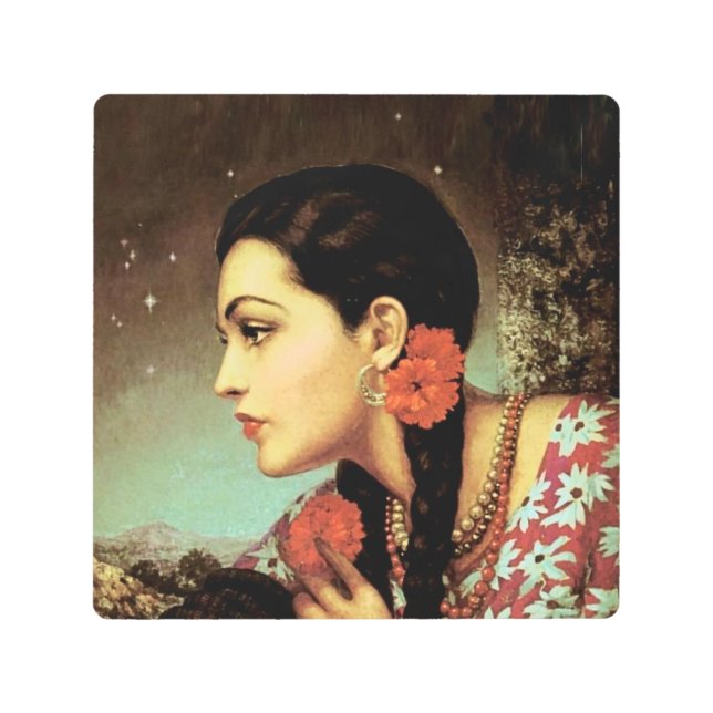 美しいメキシコのカレンダーの女の子の深い考え メタルプリント (正面)