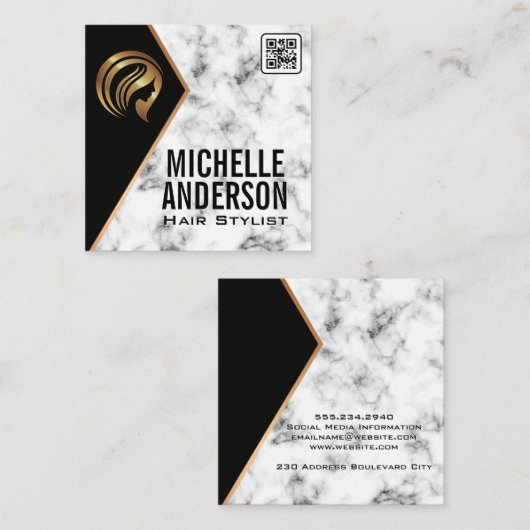美しいメタリックロゴ | QRコード | 大理石正方形バス スクエア名刺 (正面/裏面)