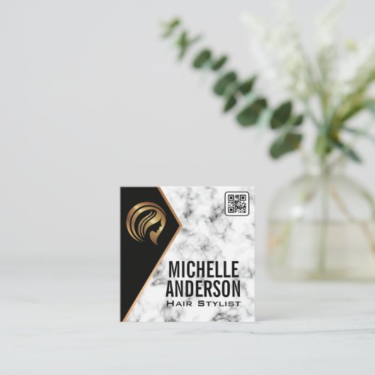 美しいメタリックロゴ | QRコード | 大理石正方形バス スクエア名刺 (スタンド正面)