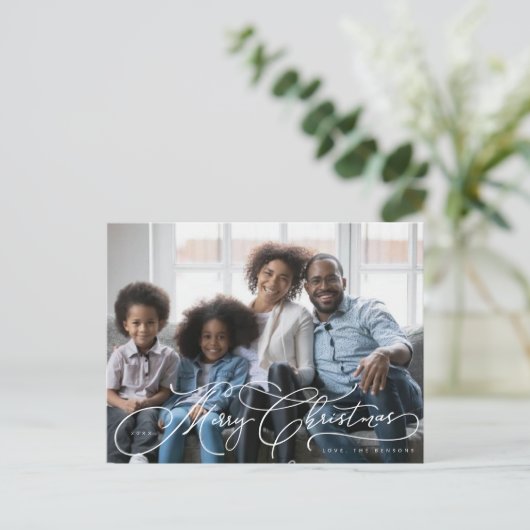 美しいメリークリスマススクリプトの写真デザイン ポストカード (スタンド正面)