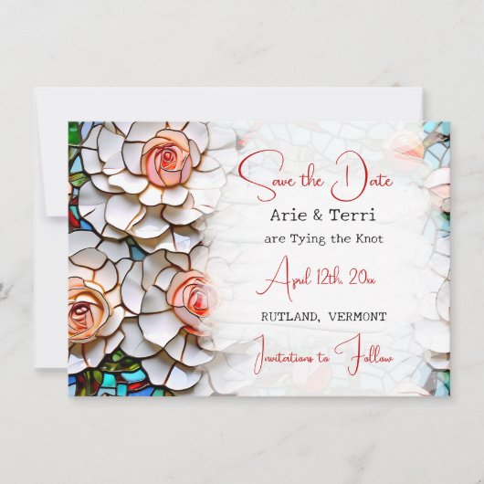 美しいモザイクのステンドグラスと結婚タイル セーブザデート (正面)