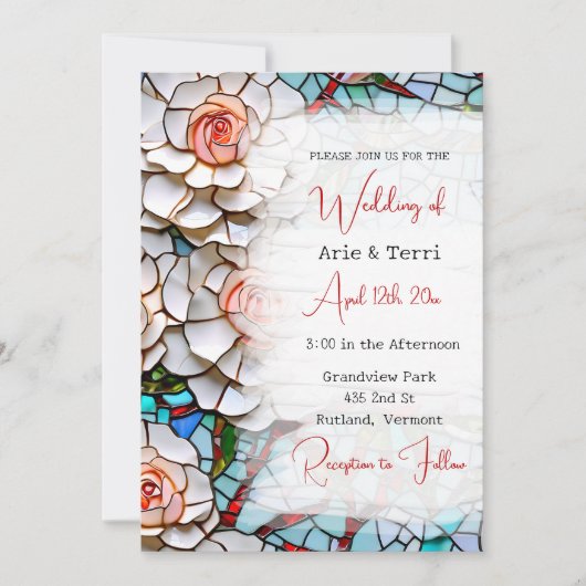 美しいモザイクのステンドグラスと結婚タイル 招待状 (正面)