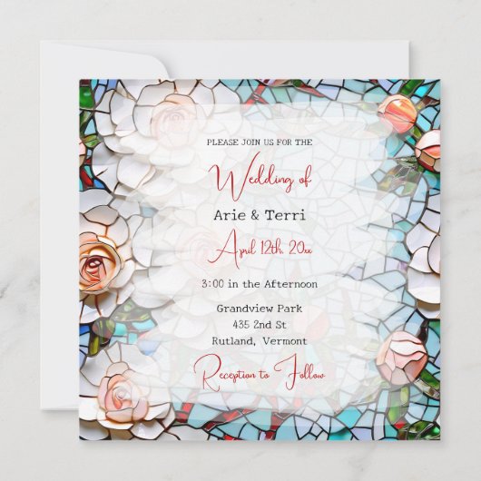 美しいモザイクのステンドグラスと結婚タイル 招待状 (裏面)