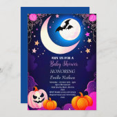美しいモダンなピンクパープルのハロウィン ベイビーシャワー 招待状 (正面/裏面)