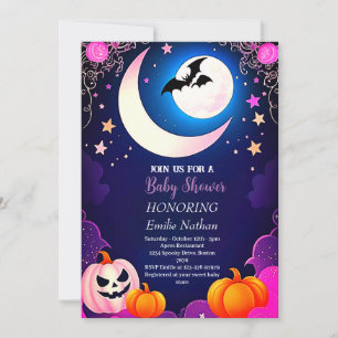 美しいモダンなピンクパープルのハロウィン ベイビーシャワー 招待状