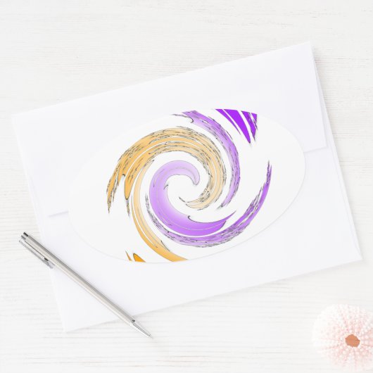 美しいモダンアートデザイン:紫と金ゴールドの渦 楕円形シール (封筒)
