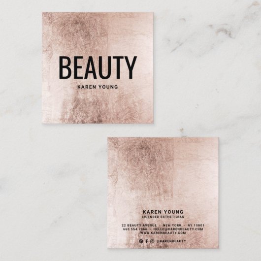 美しいモダンサロンバラ金ゴールドフォイルメイクアップアーティスト スクエア名刺 (正面/裏面)