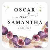 美しいモダンパープルフィギュア&パンパス&金ゴールドドロップ スクエアシール (正面)