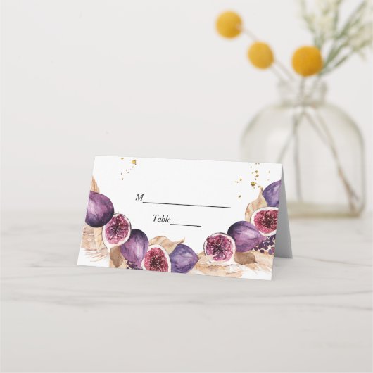 美しいモダンパープルフィギュア&パンパス&金ゴールドドロップ プレイスカード (正面)