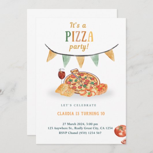 美しいモダンピザパーティーの招待状 招待状 (正面/裏面)