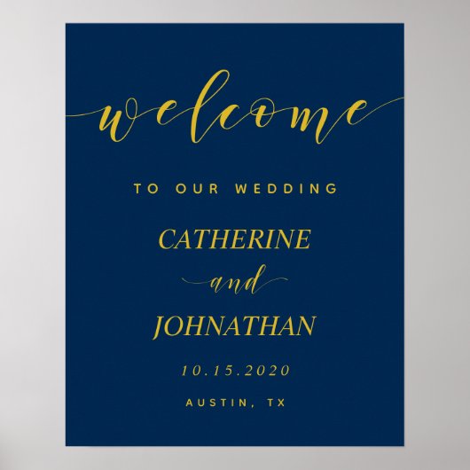 美しいモダン ネイビーブルー, 結婚式 ウェルカムメッセージ ポスター (正面)
