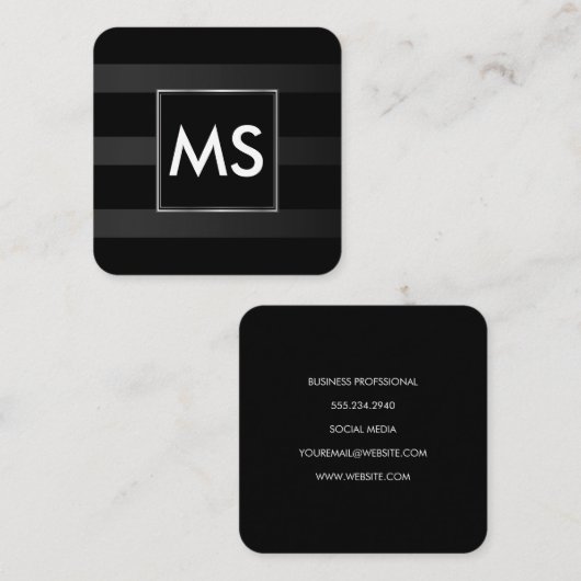 美しいモノグラムシックストライプなフェイクシルバーフレーム スクエア名刺 (正面/裏面)