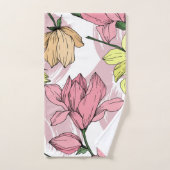 美しいモノグラム手描きフローラ白とピンク バスタオルセット (ハンドタオル)