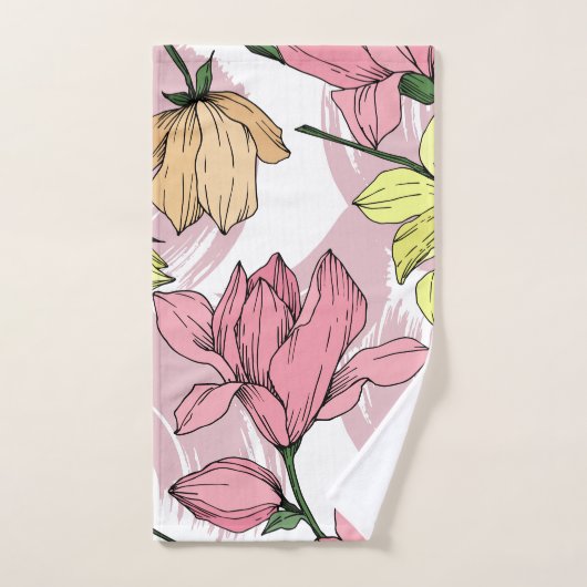 美しいモノグラム手描きフローラ白とピンク バスタオルセット (ハンドタオル)