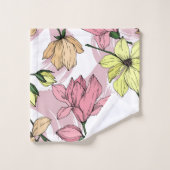 美しいモノグラム手描きフローラ白とピンク バスタオルセット (ウォッシュタオル)