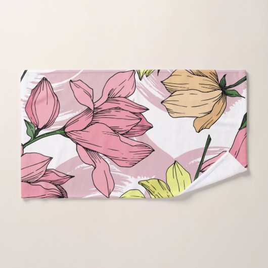 美しいモノグラム手描きフローラ白とピンク バスタオルセット (ハンドタオル)