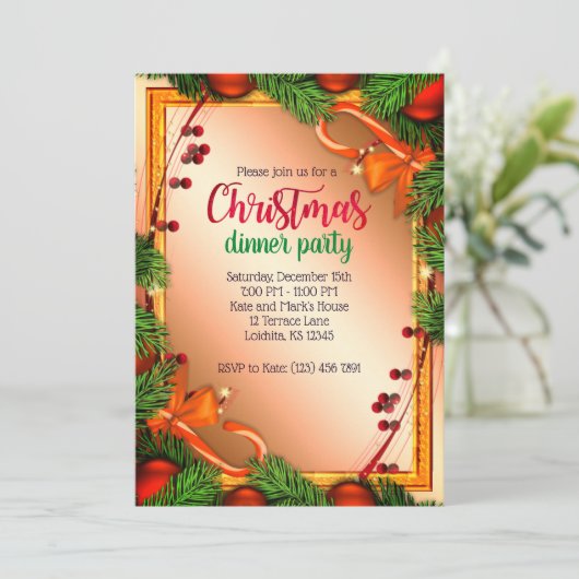 美しいヤドリギフレームクリスマスディナーパーティー 招待状 (スタンド正面)