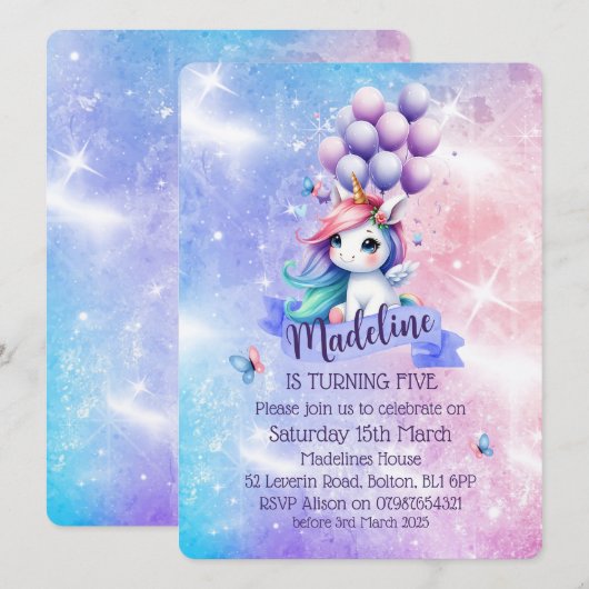 美しいユニコーンと風船をテーマにした招待状 招待状 (正面/裏面)