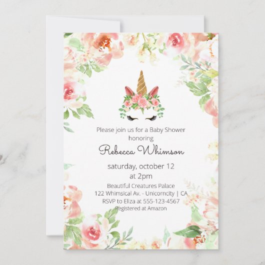 美しいユニコーンの水の色の花ベビーシャワー 招待状 (正面)