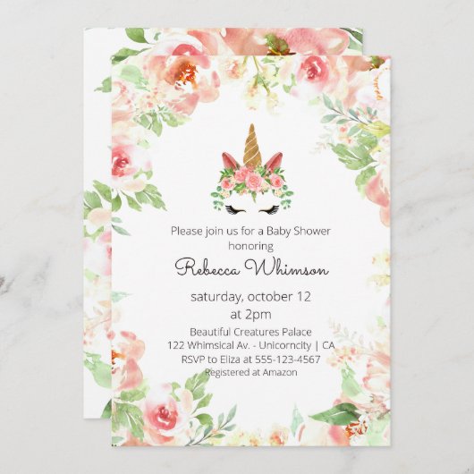 美しいユニコーンの水の色の花ベビーシャワー 招待状 (正面/裏面)