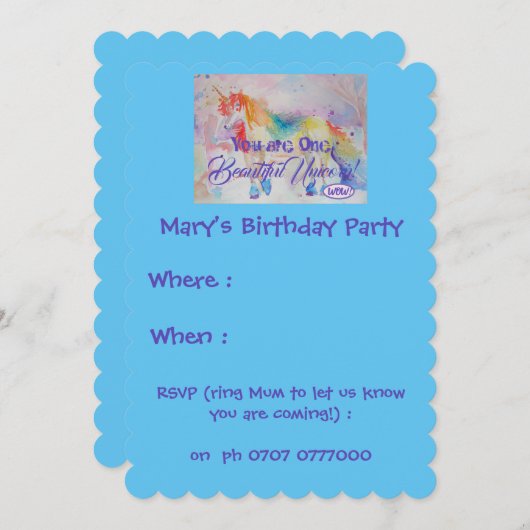 美しいユニコーンの誕生日招待状 招待状 (正面/裏面)