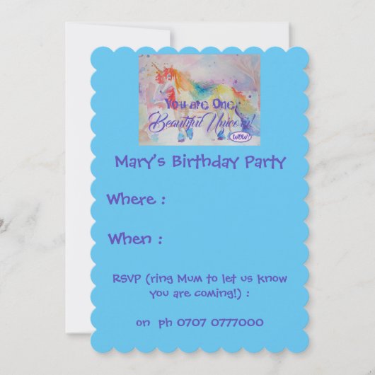 美しいユニコーンの誕生日招待状 招待状 (正面)