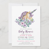 美しいユニコーンパープルフローラガールズベビーシャワー 招待状 (正面)