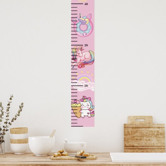 美しいユニコーンピンクのフローラ女の子の成長チャート ポスター (キッチン)