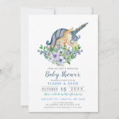 美しいユニコーンブルーフローラ少年の赤ちゃんシャワー 招待状 (正面)