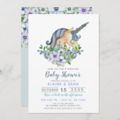 美しいユニコーンブルーフローラ少年の赤ちゃんシャワー 招待状 (正面/裏面)