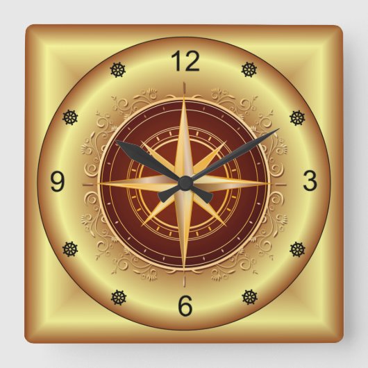 美しいユニーク金ゴールドとマルーンコンパス スクエア壁時計 (正面)