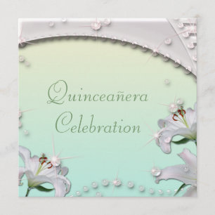 美しいユリ及び輝き真新しい緑のQuincenera 招待状