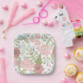 美しいライトピンクと緑の花 ペーパープレート (パーティー)