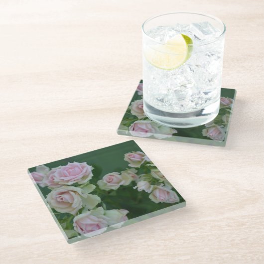 美しいライトピンクガーデンバラ ガラスコースター (アングル)
