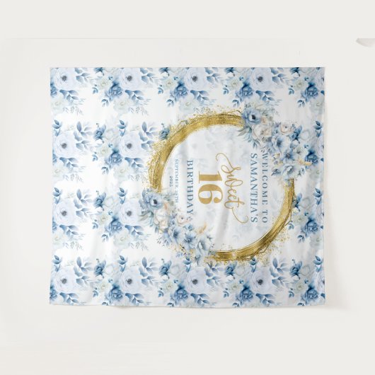 美しいライトブルーのスイート16 ゴールドグリッターバナー タペストリー (正面(横))