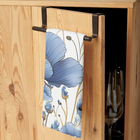 美しいライトブルーのフローラ キッチンタオル (三つ折り)