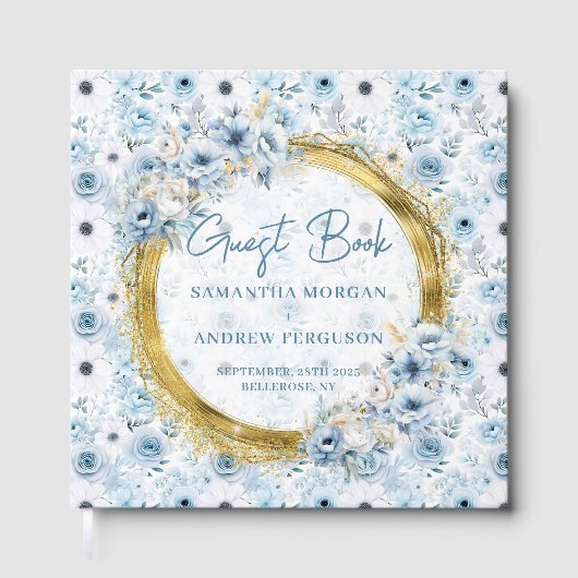 美しいライトブルーフラワーズ金ゴールド結婚グリッター ゲストブック (正面)