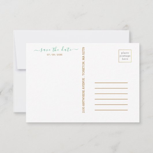 美しいライムグリーン 💚 ボタニカル ボーホー ウェディング セーブザデート (裏面)