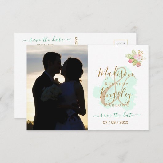 美しいライムグリーン 💚 ボタニカル ボーホー ウェディング セーブザデート (正面/裏面)