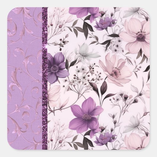 美しいラベンダーとピンクのフローラ スクエアシール (正面)