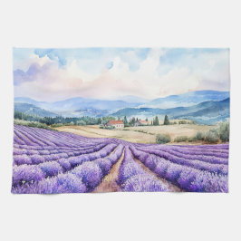美しいラベンダーの野原の水彩画 キッチンタオル