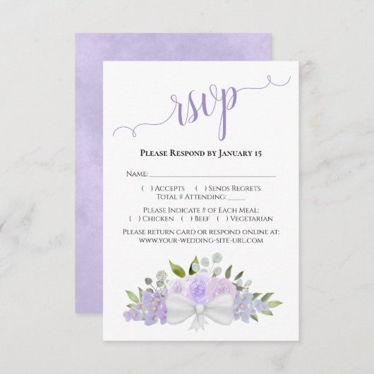 美しいラベンダーパープルウォーターバラ結婚ズ 出欠カード (正面/裏面)
